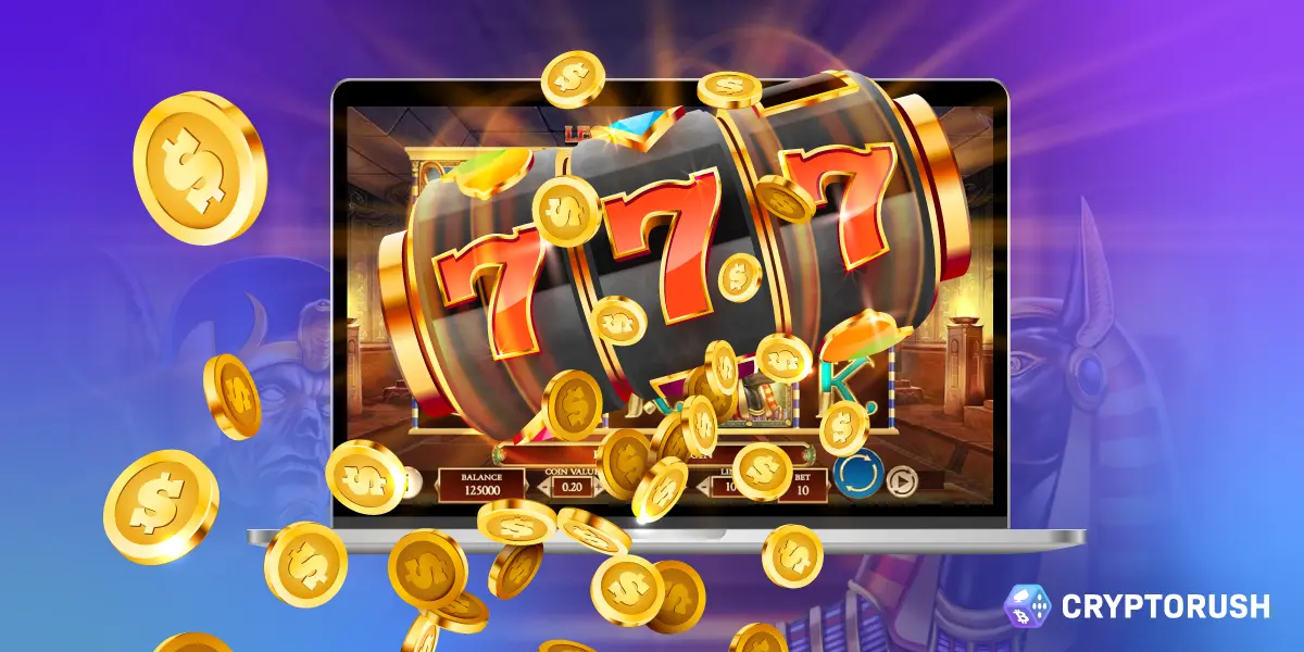 A laptop screen displaying a jackpot and coins, with the help of Cryptorush bonuses.