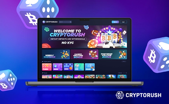A laptop with Cryptorush website on the screen.