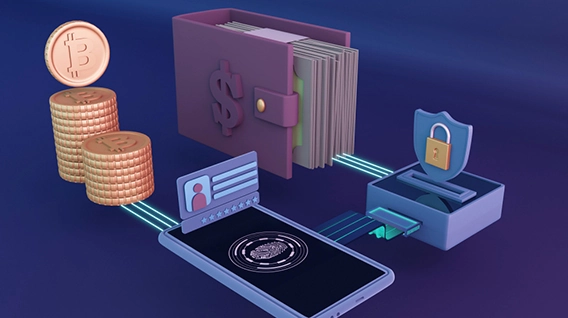 A transaction being made through a process that includes crypto currency coins, a cell phone, safety device and a wallet.