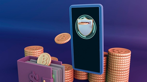 A cell phone displaying a security icon that gives out crypto currency coins into a wallet.