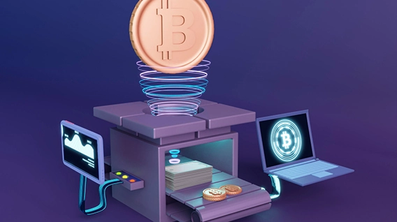 A machine that’s connected to a laptop that converts crypto currency into bills and other coins.