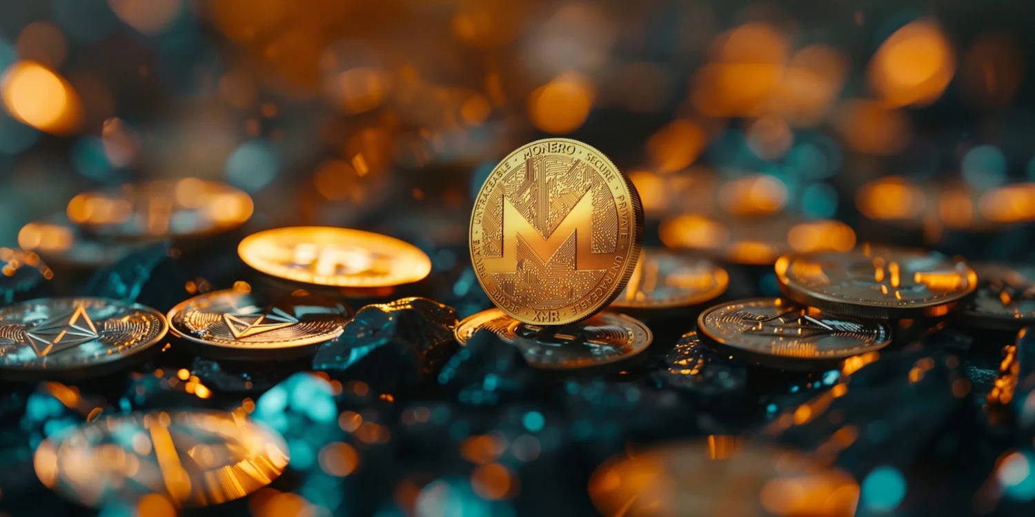 Monero coin among coins and jewels, representing casino bonuses.