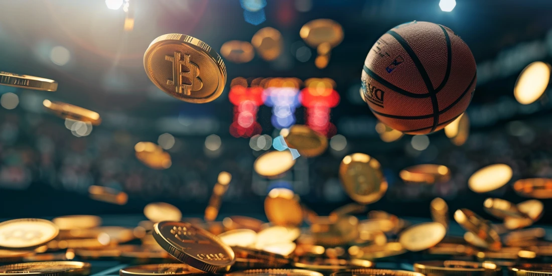 Basketball with floating Bitcoins, representing crypto basketball betting.