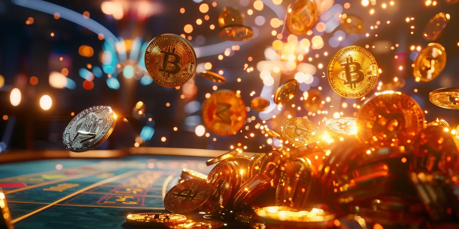 Falling Bitcoins and gold coins, illustrating deposit bonus explained.