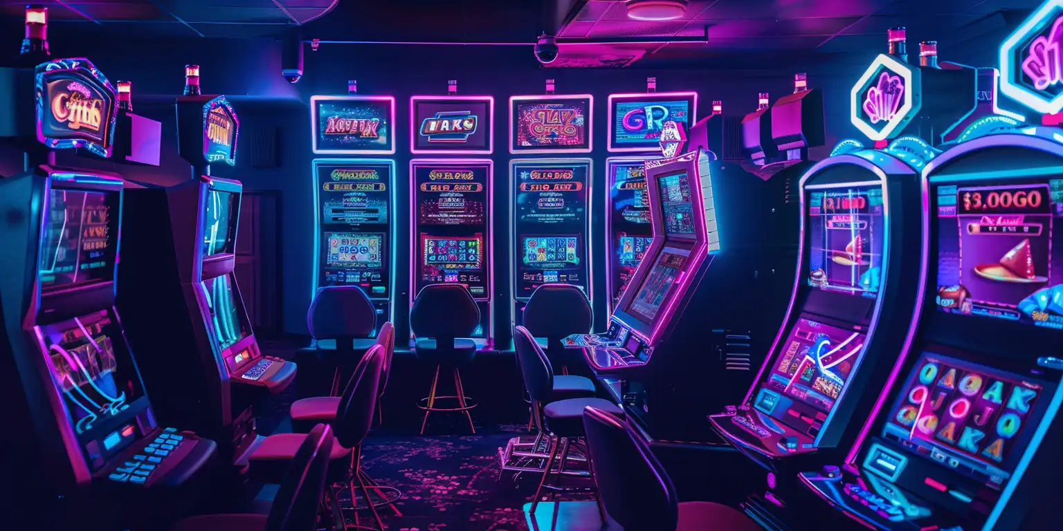 Neon-lit slot machines in a casino, showing crypto casino variety.