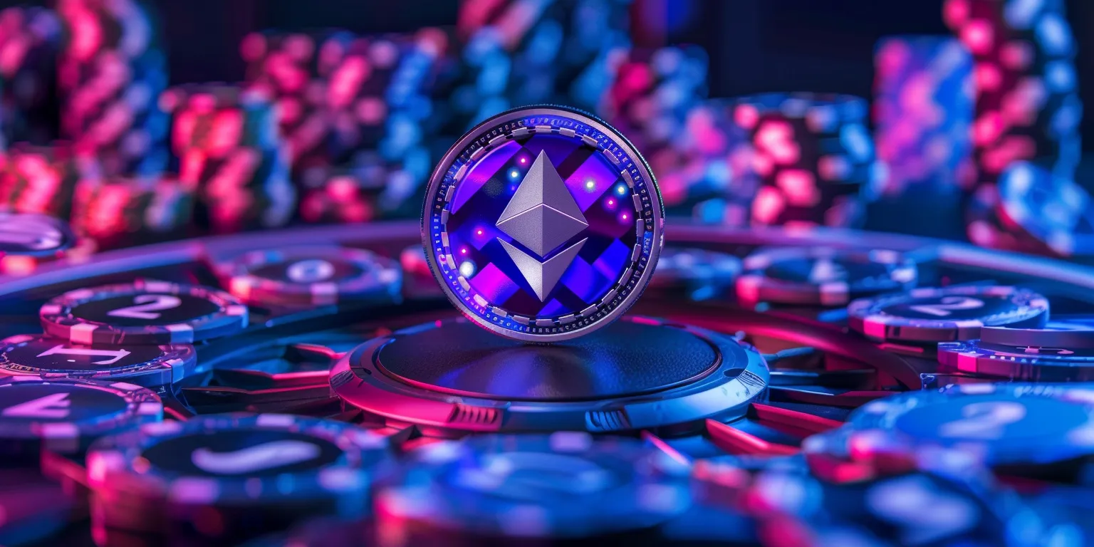 Ethereum coin on a futuristic table, highlighting Ethereum casino games.