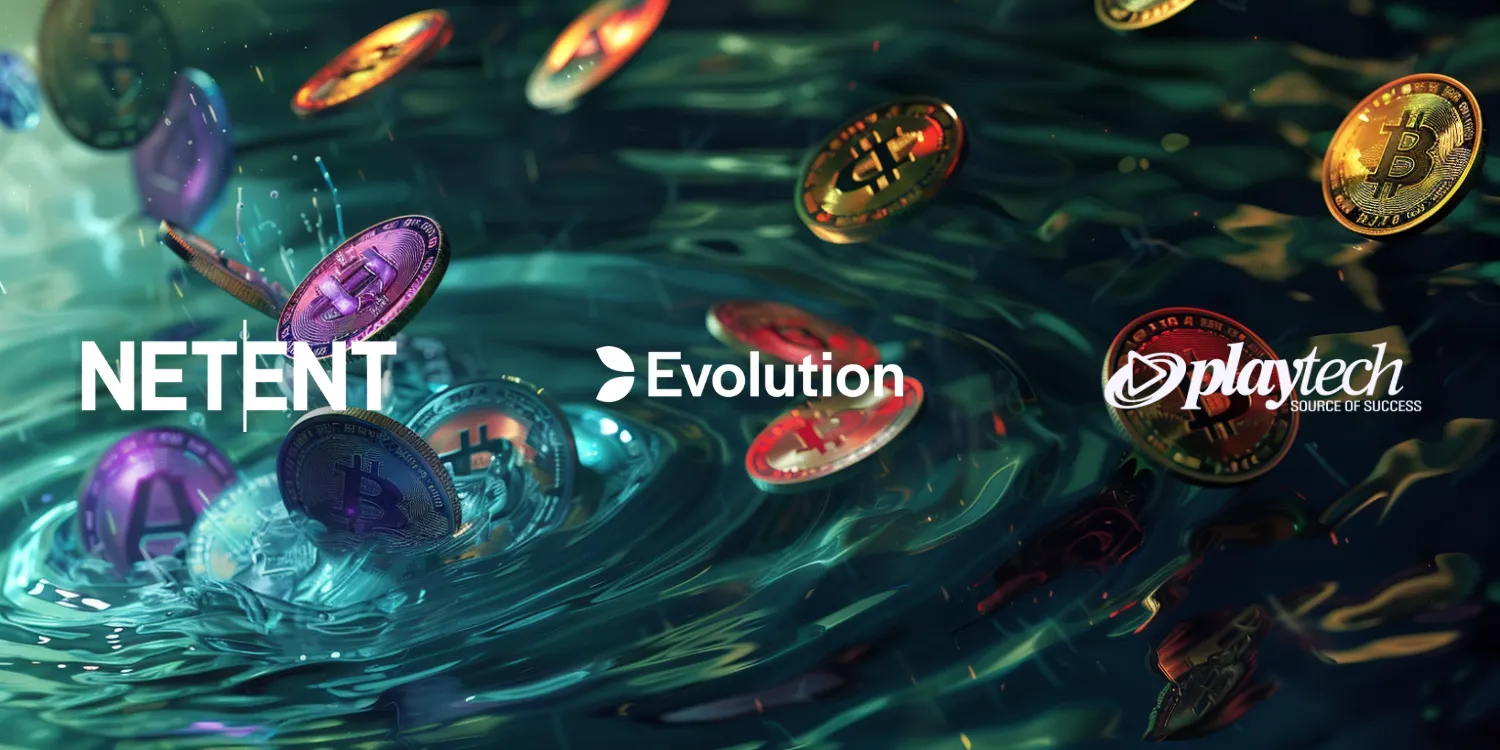 Colorful crypto coins in water, and various crypto game providers, such as Evolution, NetEnt, and Playtech.