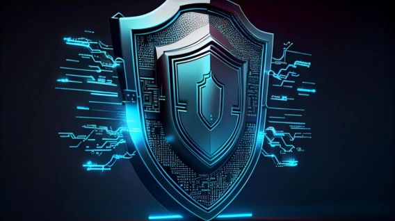 A futuristic digital shield representing cybersecurity and data protection.