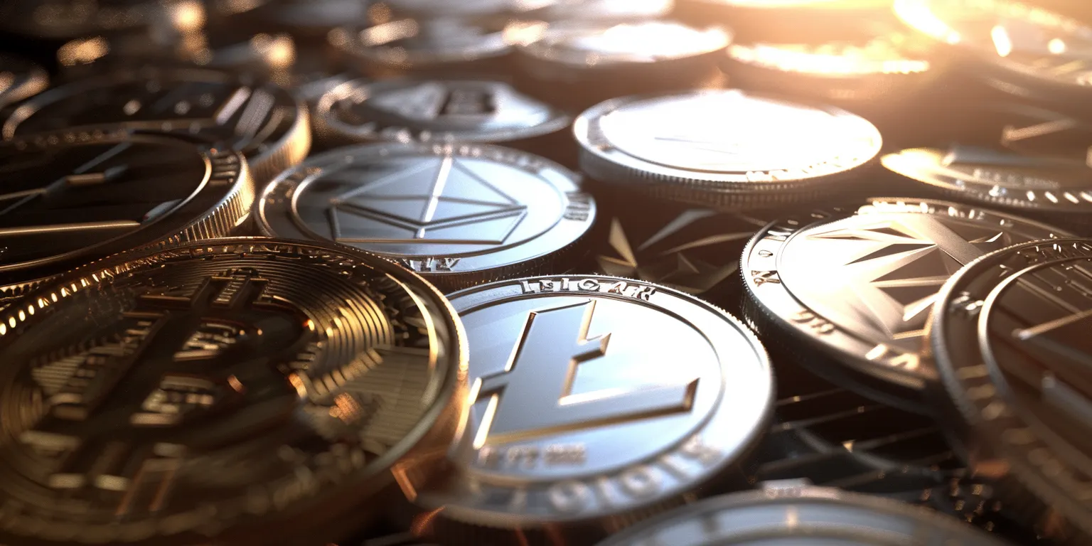 Stacks of Litecoin coins with a glowing background.