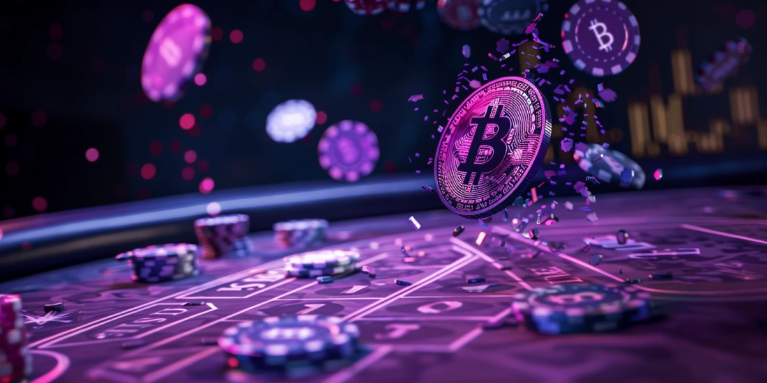 Bitcoin coin spinning on a blackjack table, showing live dealer.