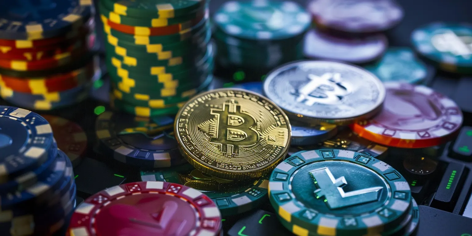 Bitcoin and Litecoin coins among crypto casino chips, representing no deposit bonuses.