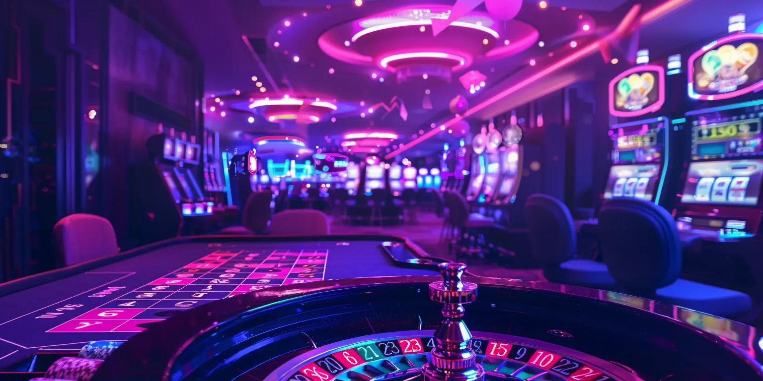 Neon-lit casino with various games, showcasing exciting crypto options.