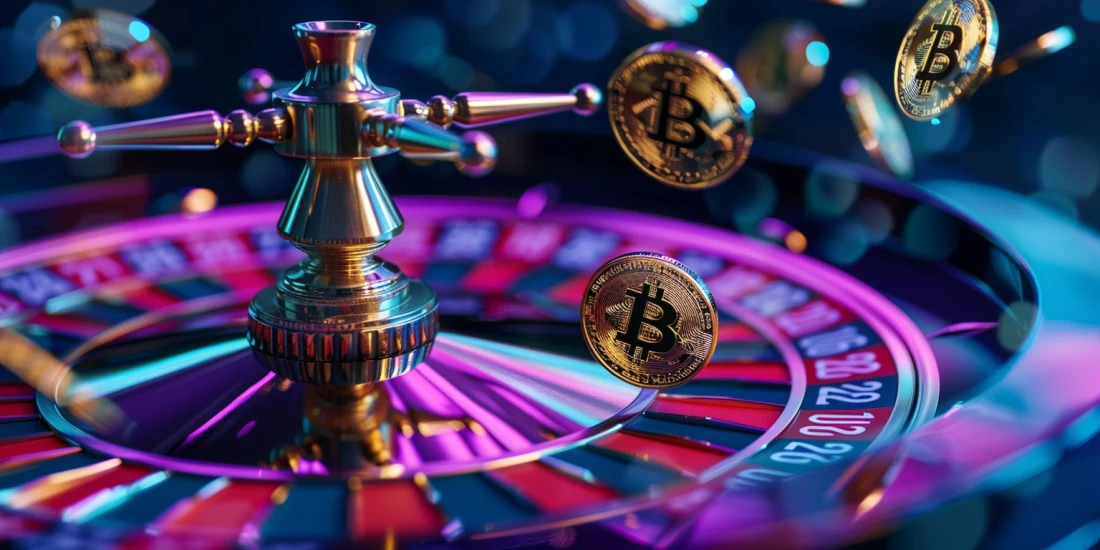 A vibrant roulette wheel with floating Bitcoin symbols, representing XXXtreme Lightning Roulette played with cryptocurrency. 