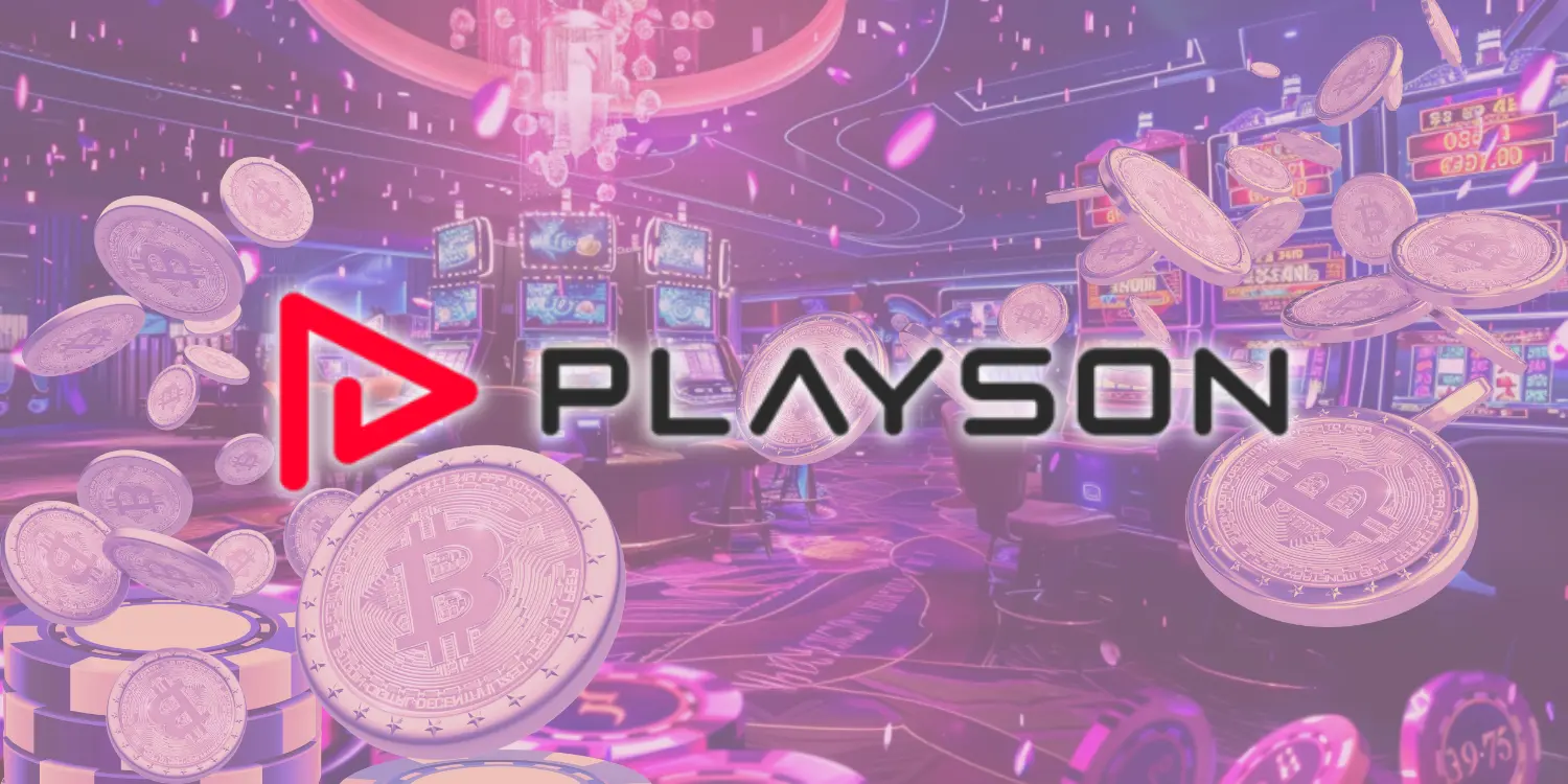 Playson casino in a vibrant casino setting with floating Bitcoin coins and slot machines.