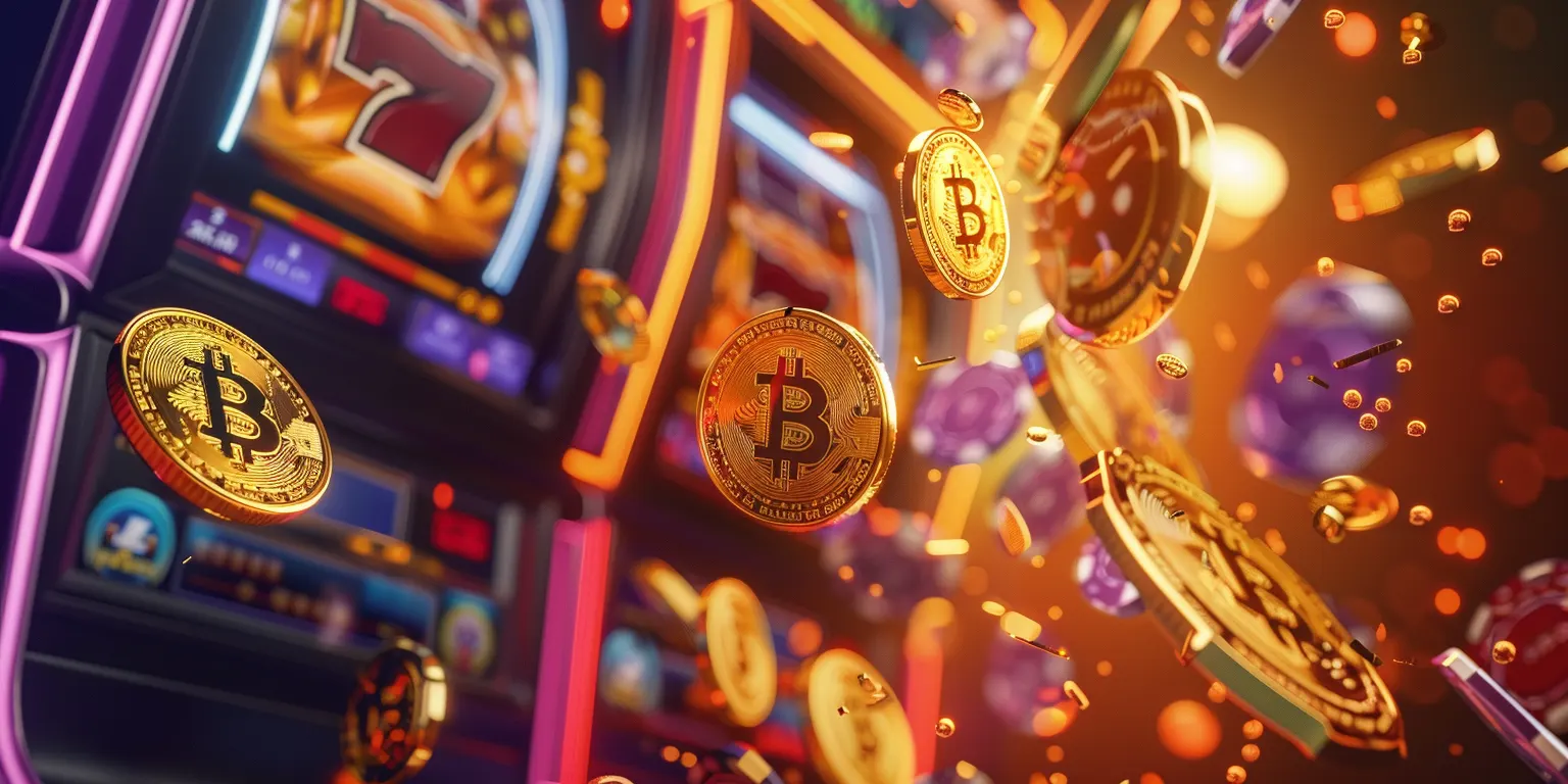 Bitcoin coins falling in front of jackpot slot machines, highlighting popularity.