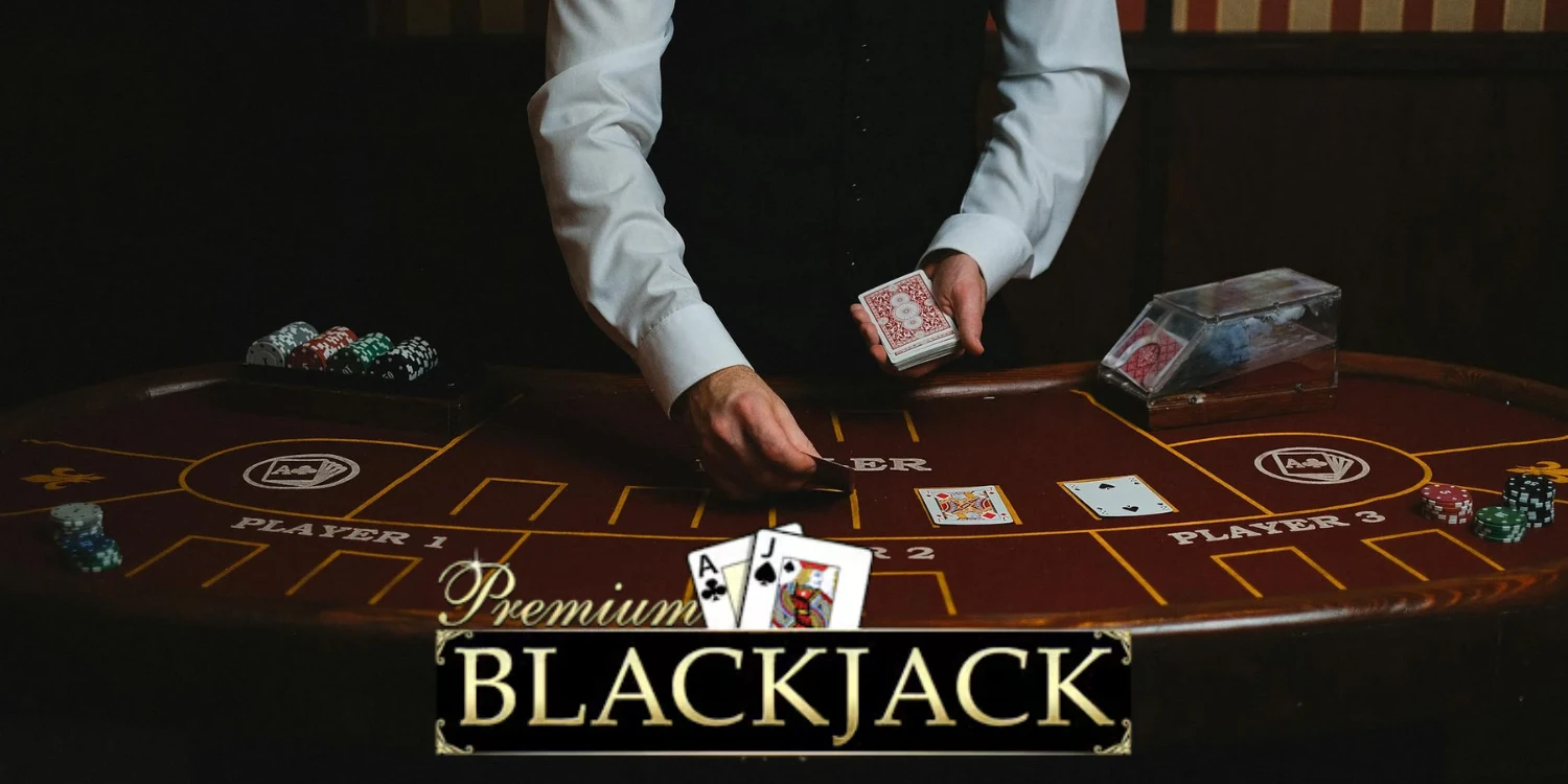 Dealer handling cards at a blackjack table with the Premium Blackjack logo in the foreground.