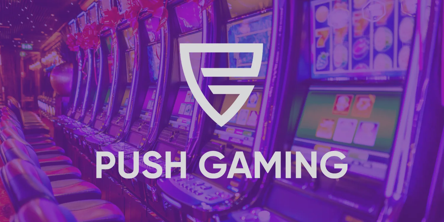 Push Gaming logo displayed over a background of brightly lit slot machines in a casino.