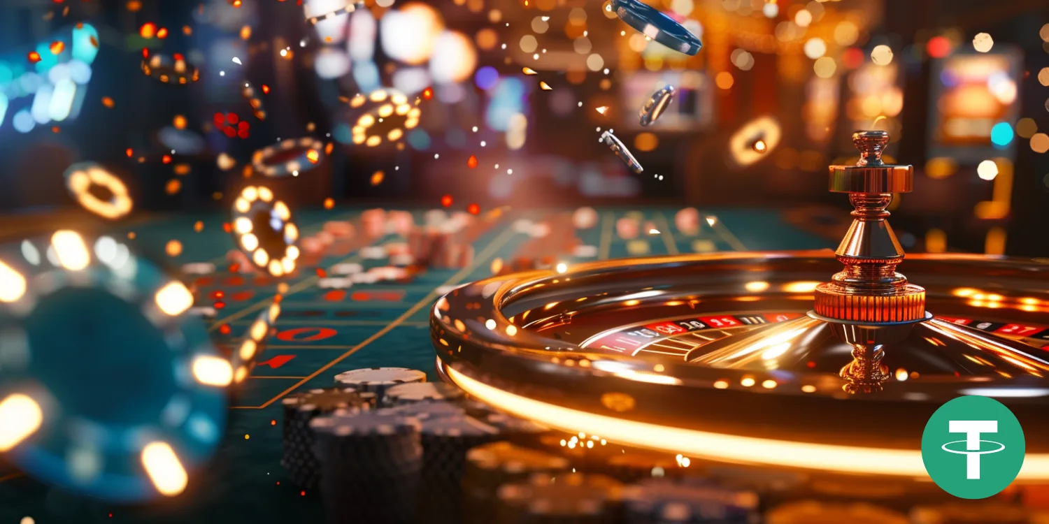 Roulette wheel and chips, representing Tether casino bonuses and promotions.