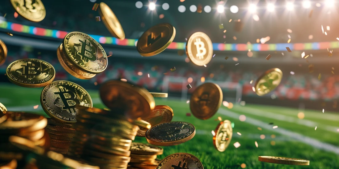 Bitcoin coins flying in a stadium, illustrating betting cryptocurrencies.