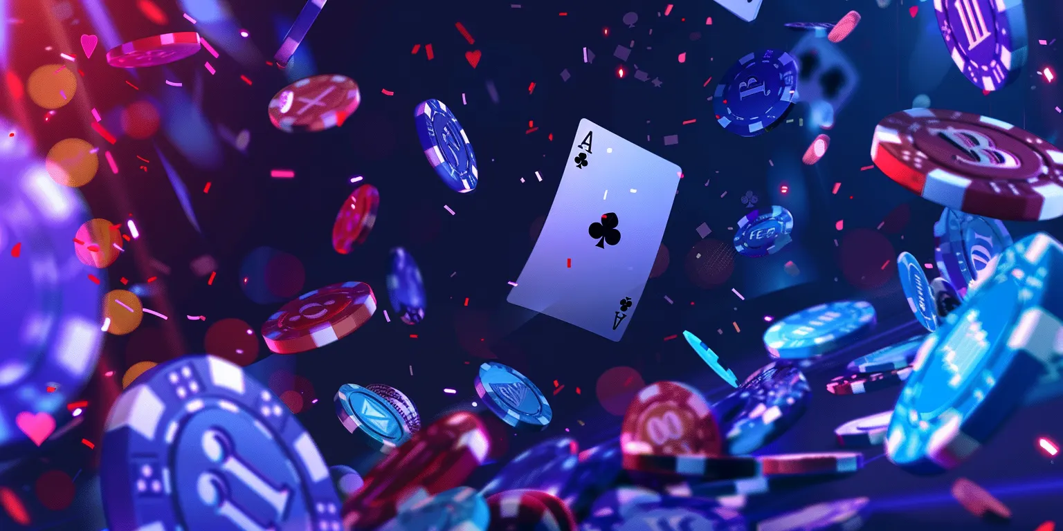 Floating playing cards and poker chips with confetti for American blackjack.