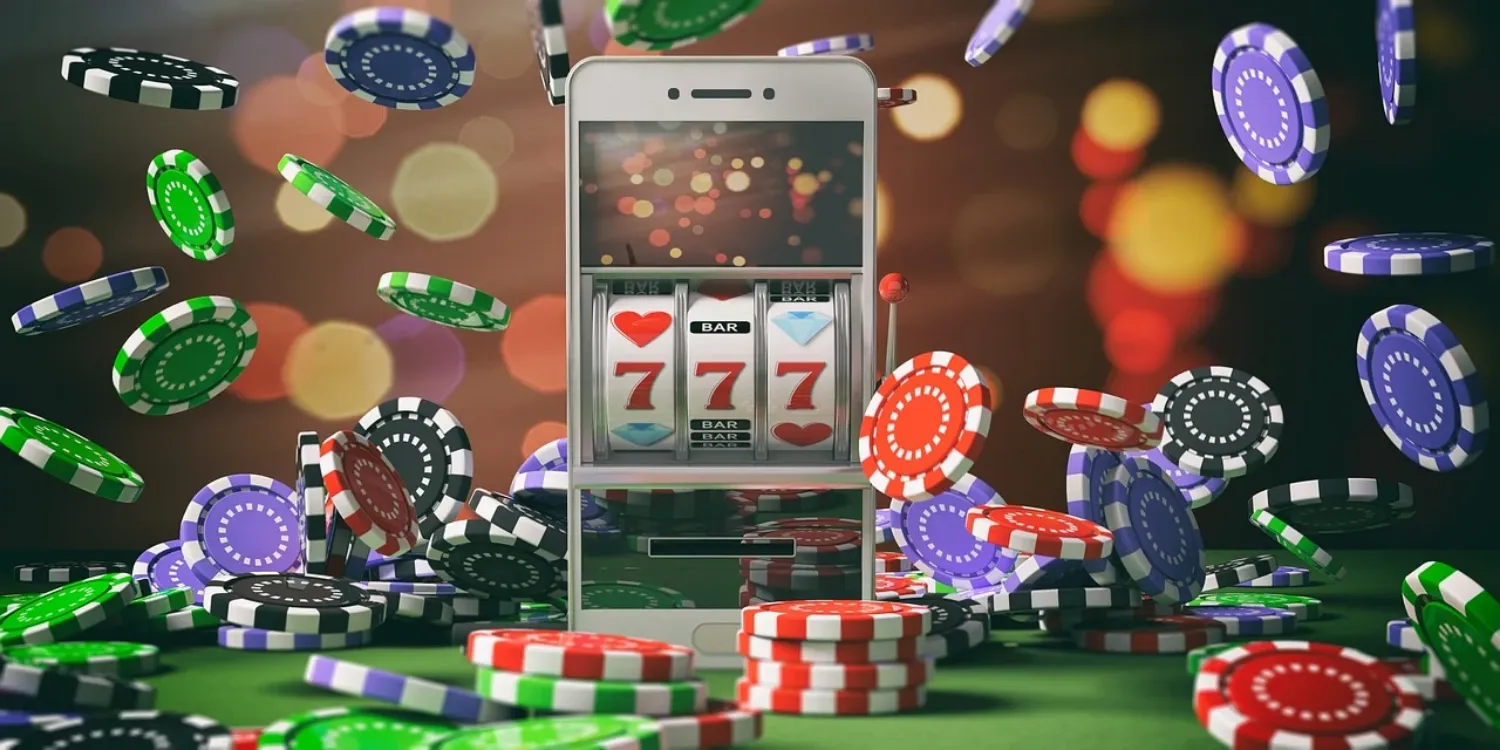 Slot machine on a smartphone with 777 and flying poker chips.