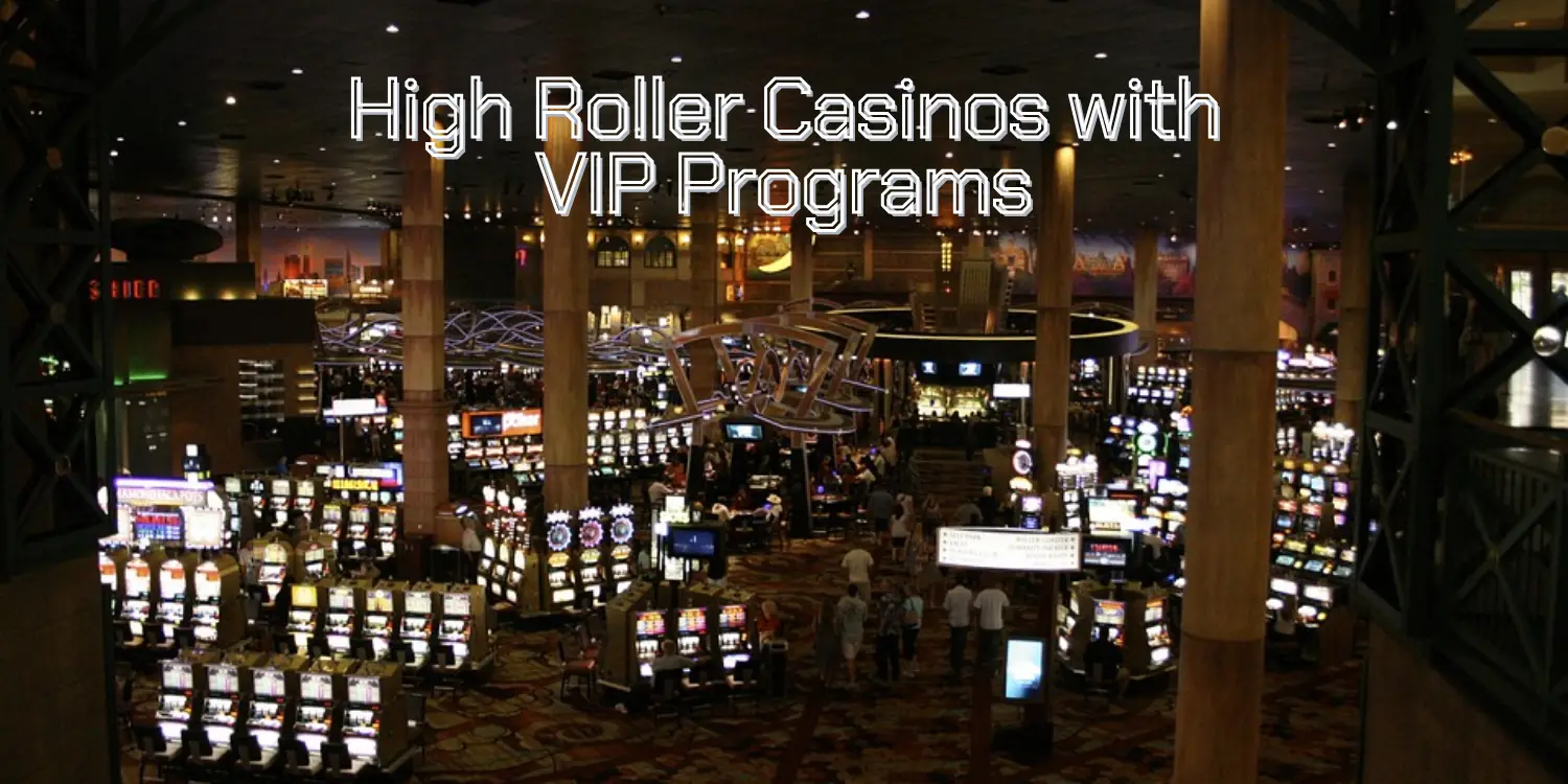 Casino floor filled with slot machines and people, with text overlay: High Roller Casinos with VIP Programs