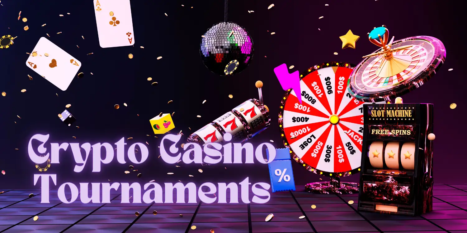 Illustration of crypto casino tournaments with roulette, slot machine, and prize wheel.