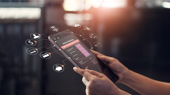 A person looking up their banking information on a mobile device.