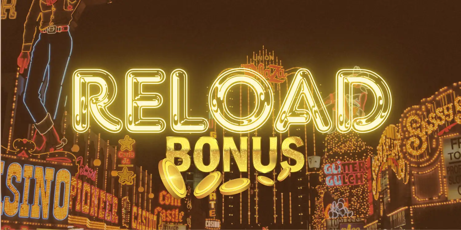 Crypto casino reload bonus neon text over a background of casino lights.