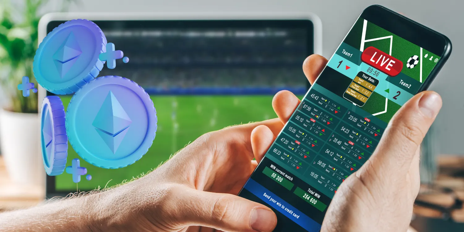 Close-up of hands using smartphone for live sports betting with Ethereum icons.