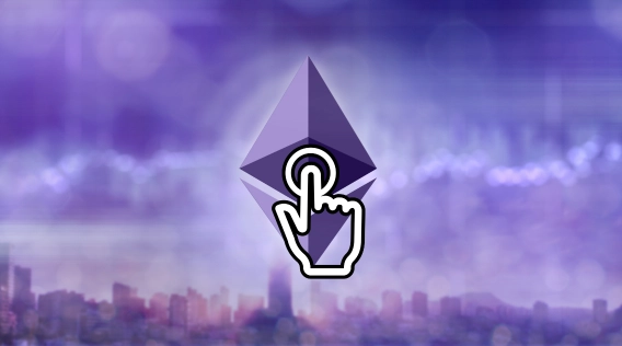 Ethereum coin with a pointer click icon on a purple background.