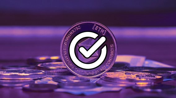 Ethereum coin with a check mark icon in front of a pile of coins.