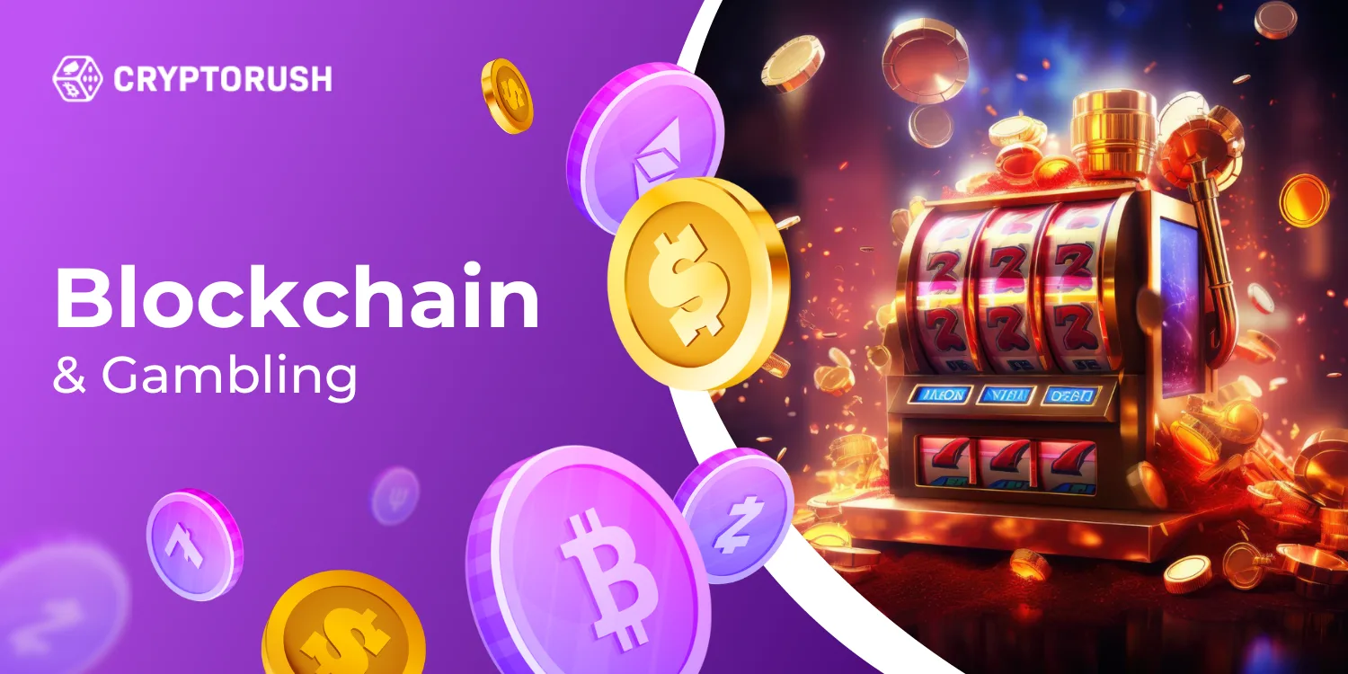 Blockchain and gambling depicted with various cryptocurrency symbols and a slot machine.