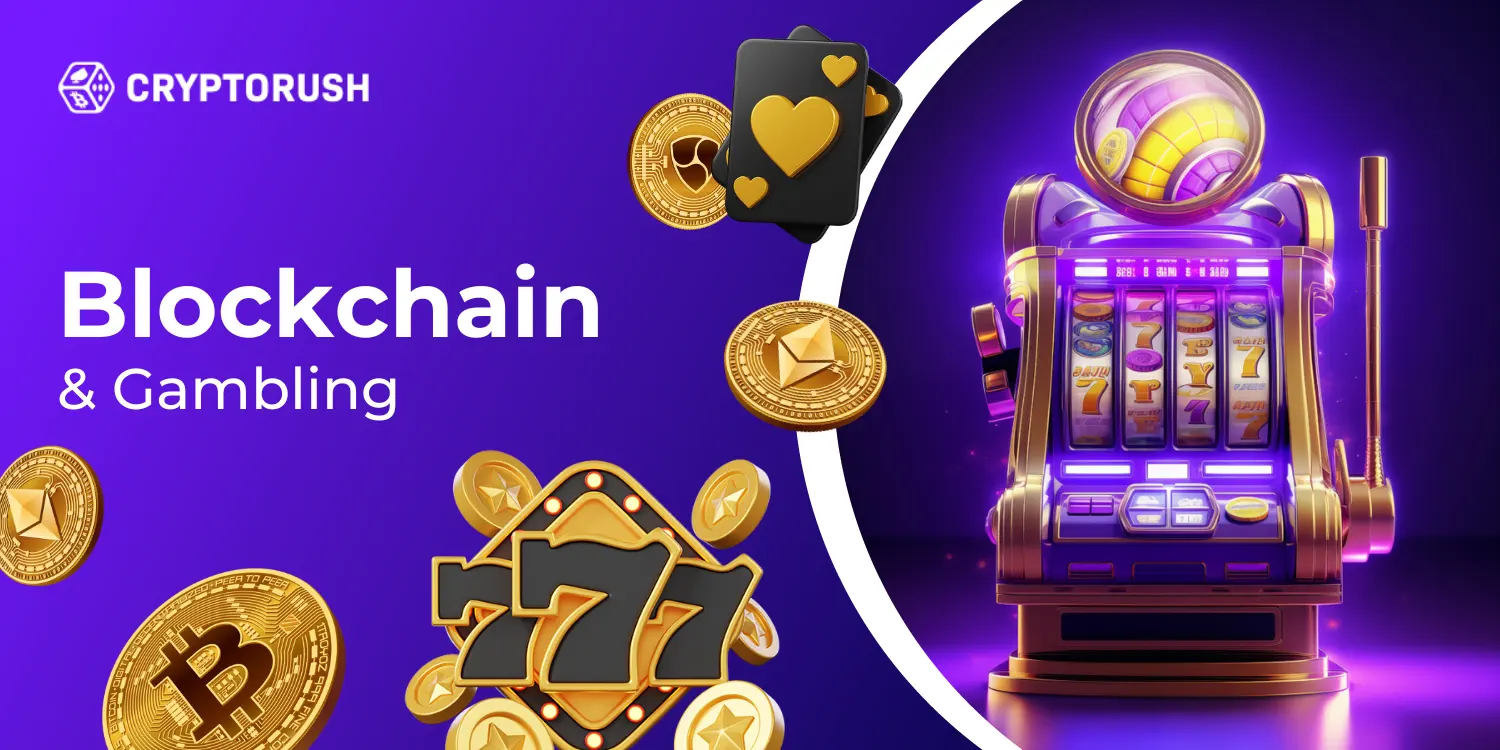 Slot machine and other cryptocurrency symbols are used to illustrate blockchain technology and gaming.