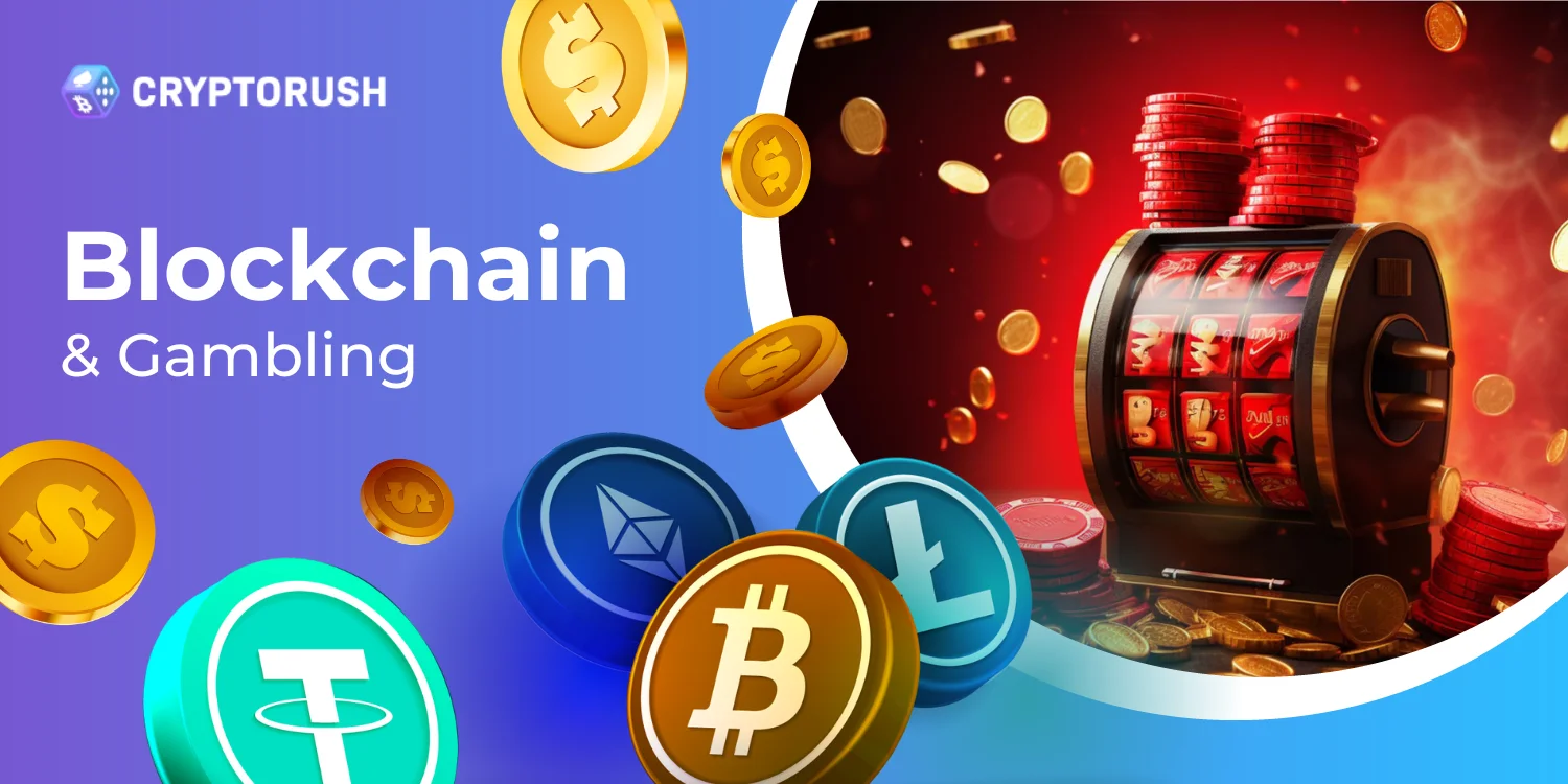 A slot machine, together with a variety of cryptocurrency icons, represent gambling and blockchain.