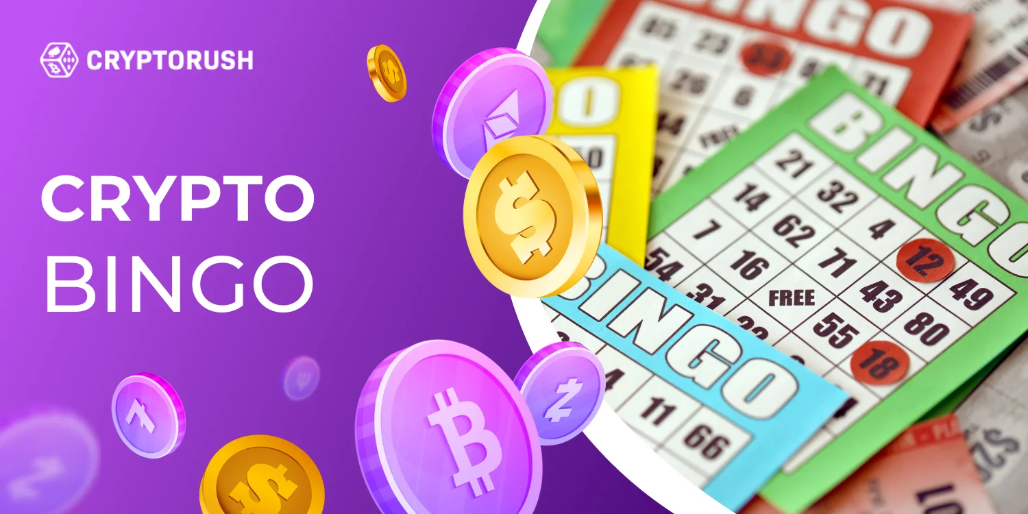 Crypto Bingo with colorful bingo cards and cryptocurrency coins.