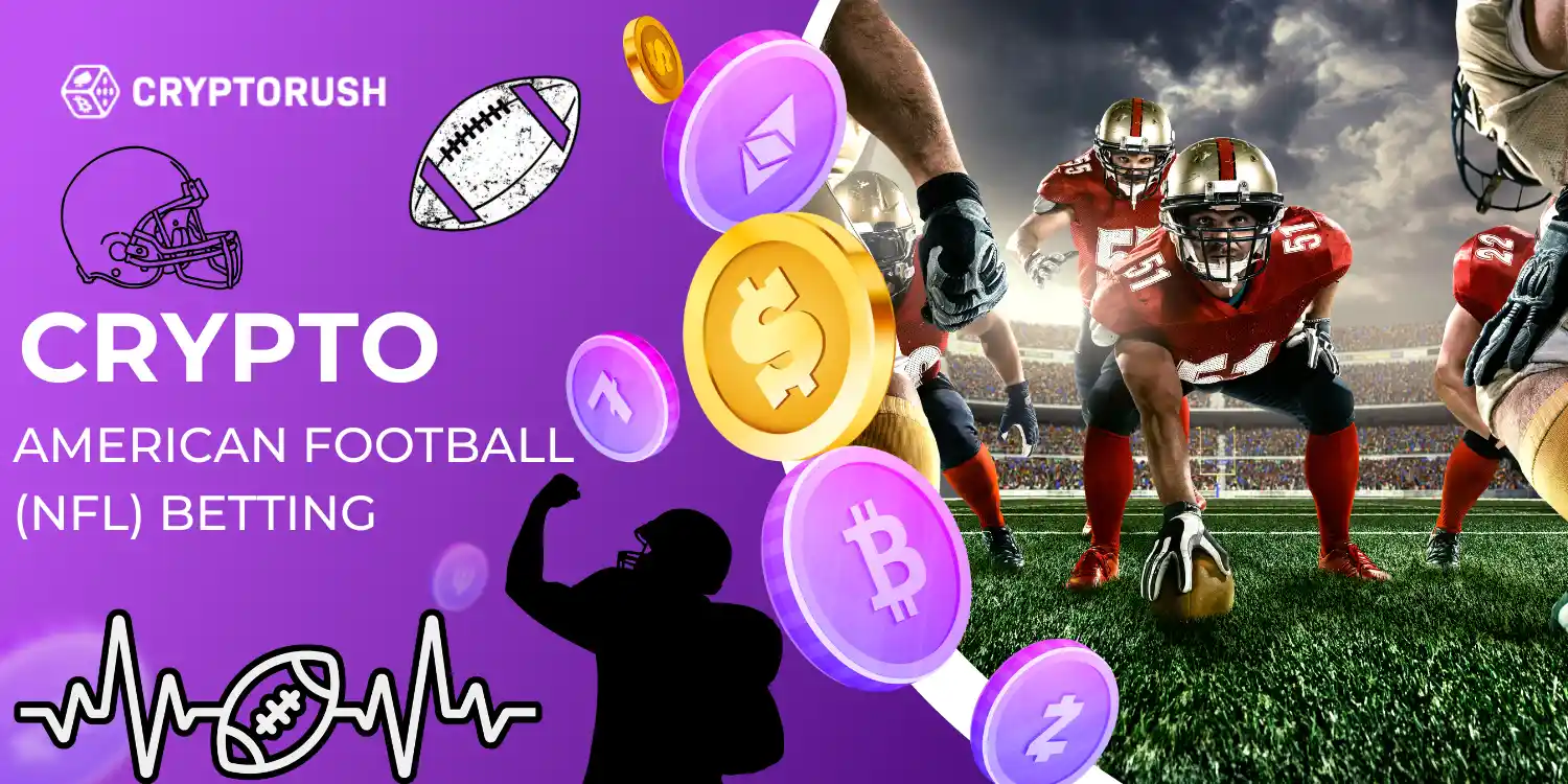 Cryptorush Crypto American Football (NFL) Betting featuring players in action with cryptocurrency symbols.