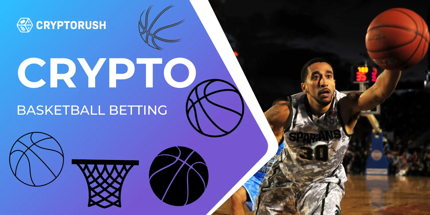 Basketball player about to dunk with text 'Crypto Basketball Betting' and various basketball icons.