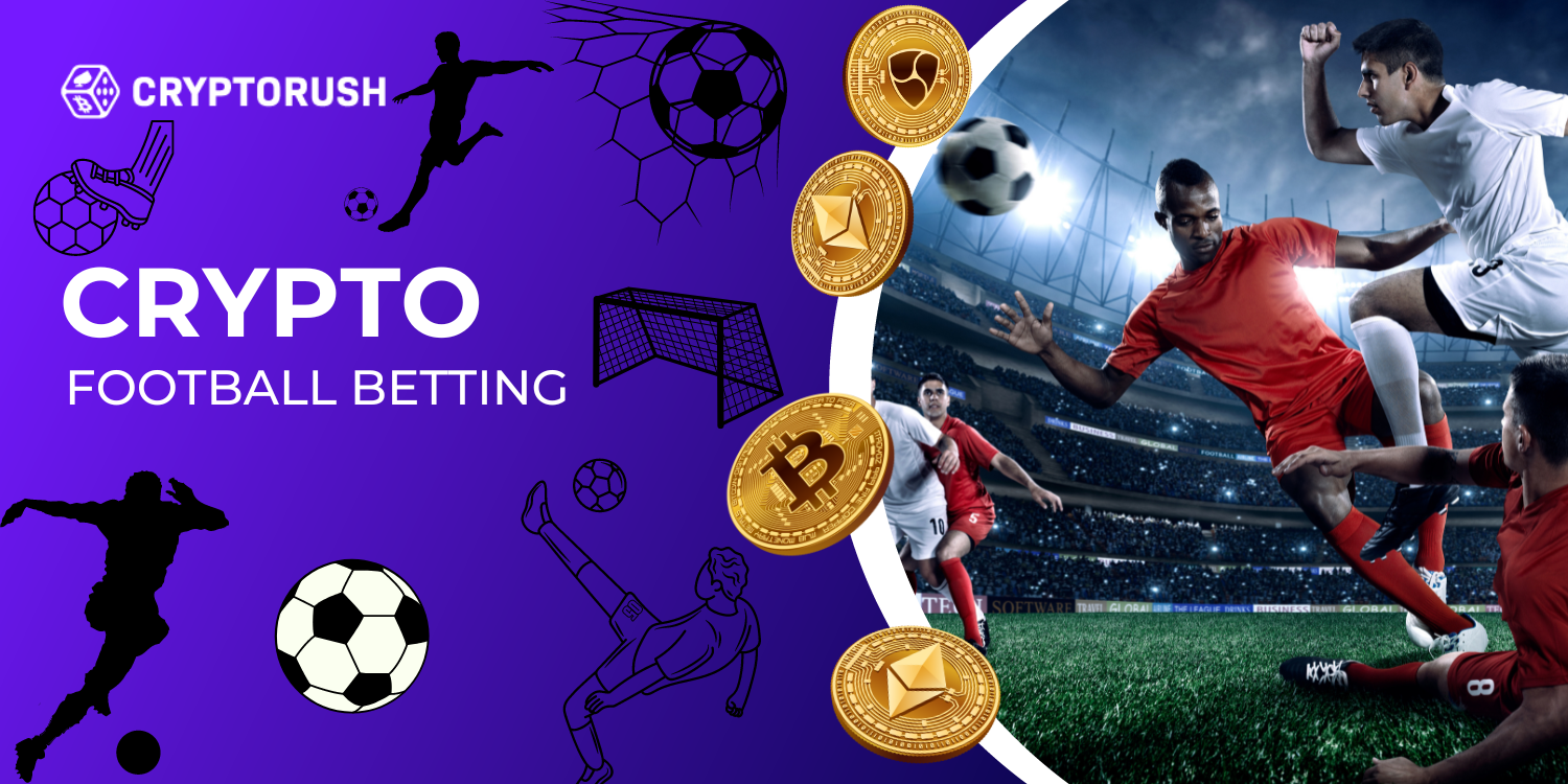 Cryptorush Crypto Football Betting with players in action, cryptocurrency symbols, and a football stadium.