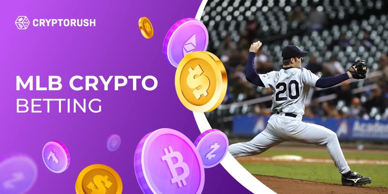 Pitcher throwing baseball, promoting MLB crypto betting opportunities with cryptocurrencies.