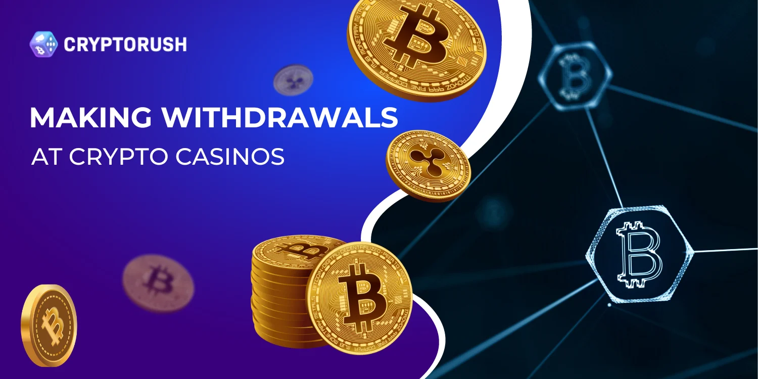 Cryptorush logo with Bitcoin, accompanied by the text 'Making Withdrawals at Crypto Casinos,' emphasizing the process of cashing out at crypto casinos.