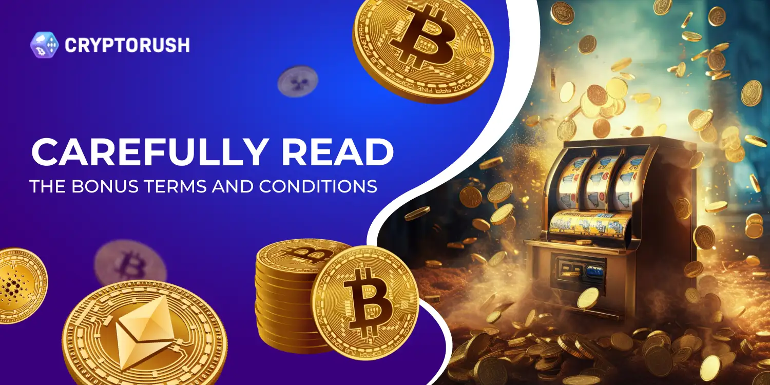 Cryptorush logo with a slot machine, cryptocurrency coins, and the text Carefully Read the Bonus Terms and Conditions, highlighting the importance of understanding crypto gambling mistakes to avoid.