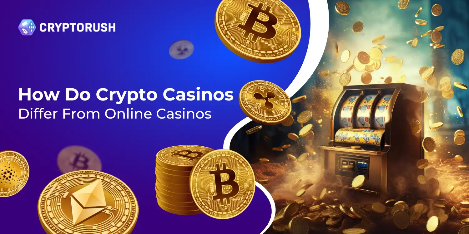 How Do Crypto Casinos Differ From Online Casinos: Bitcoin and other cryptocurrencies floating around a gold slot machine on a blue background.