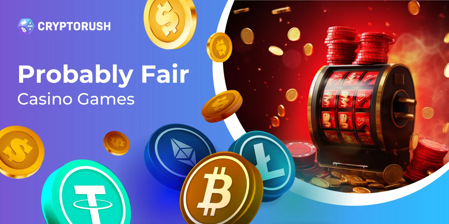 Probably Fair Casino Games:A red slot machine representing online gambling, surrounded by gold coins and various cryptocurrency icons, set against a blue gradient.