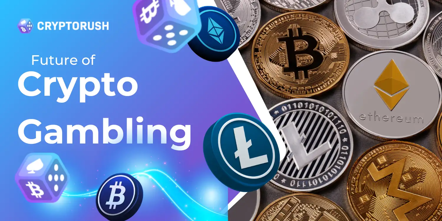 "Future of Crypto Gambling" with various cryptocurrency symbols and icons.