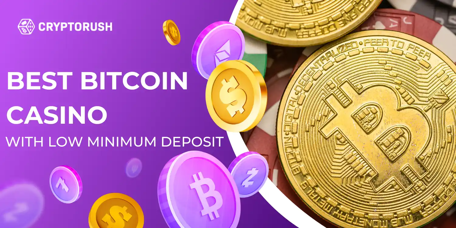 Advertisement for a Bitcoin casino with low deposit, featuring cryptocurrency symbols and coins.