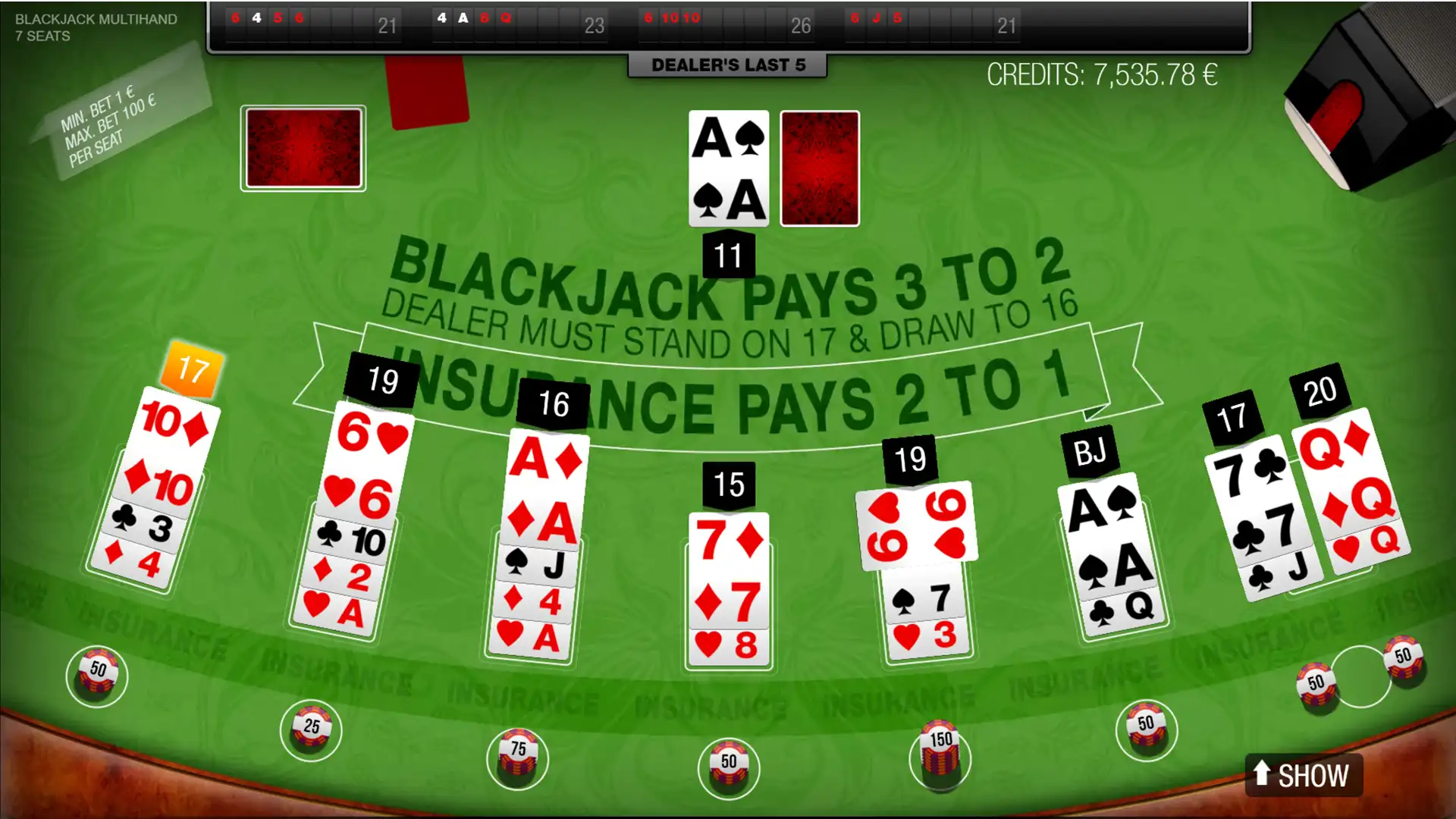 A screenshot from the game Multihand Blackjack.