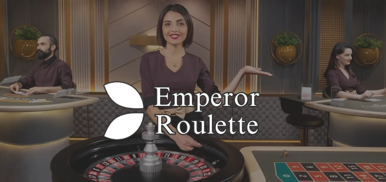 Female roulette dealer smiling and presenting the Emperor Roulette table in an elegant casino setting.