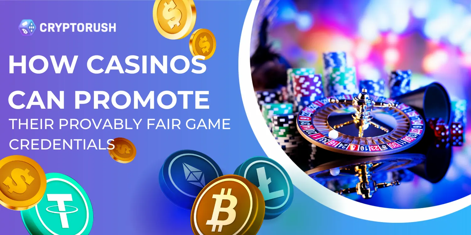 Casino theme with roulette wheel, poker chips, digital coins, and promotional text.