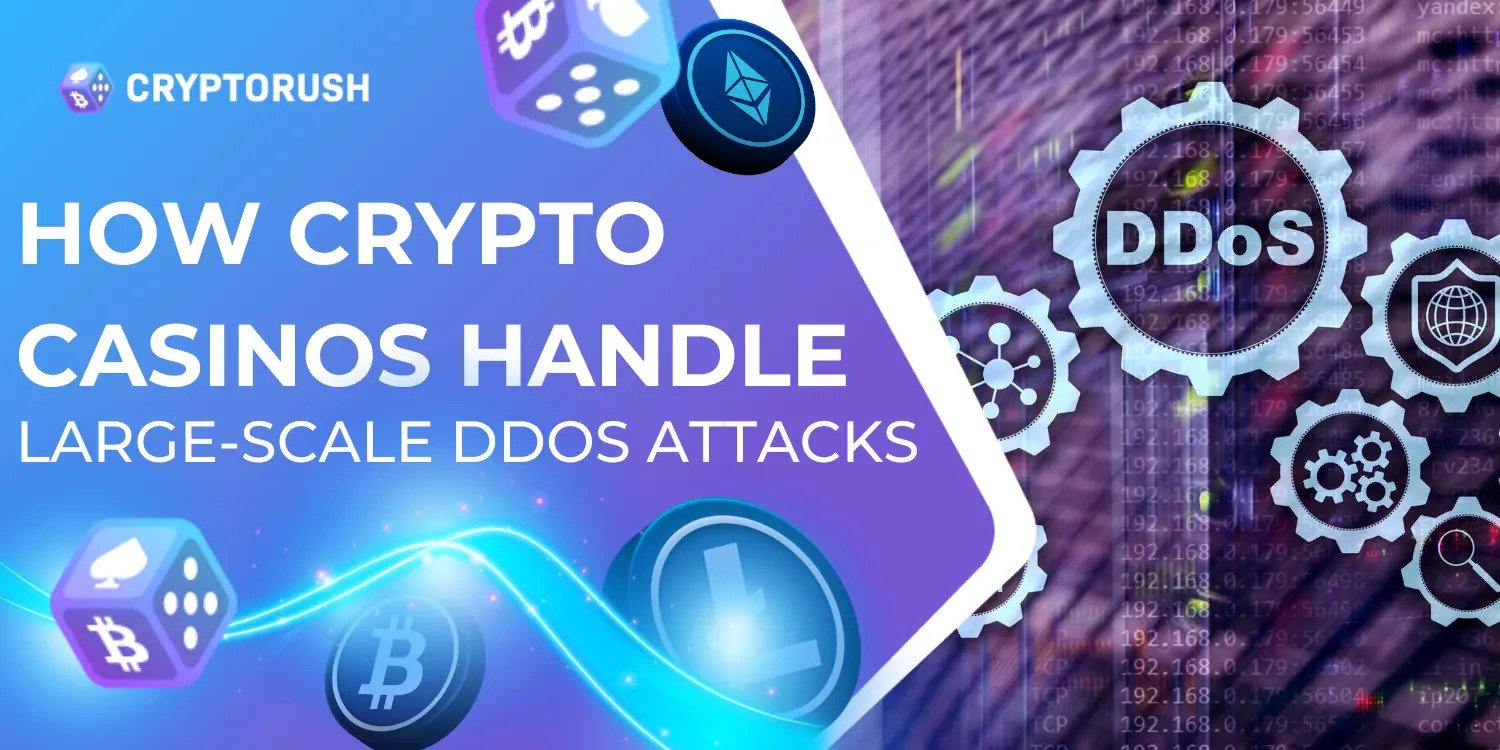 CryptoRush article on how online casinos manage large-scale DDoS attacks, with blockchain visuals.